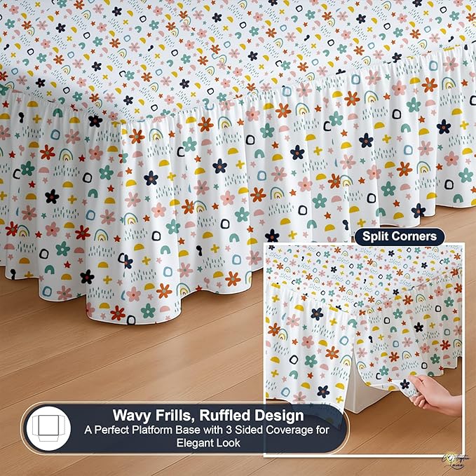 Cottington Lane Ruffled Bed Skirt Twin Size with Split Corner, Brushed Microfiber Hotel Quality Dust Ruffle, 16 Inch Drop Gathered Bedskirt, Soft, Stylish, Shrink & Fade Resistant, Rainbow Splash