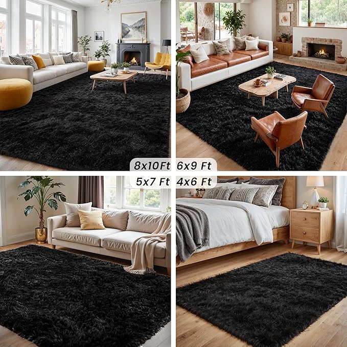 8x10 Area Rugs for Living Room Rug: Soft Fluffy Shag Black Rugs for Bedroom, Non-Slip Large Fuzzy Plush Rug Indoor Floor Carpet for Nursery Kids Boys Girls Room, Dorms, Playroom, Modern Home Decor