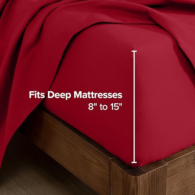 Bare Home Flannel Fitted Bottom Sheet 100% Cotton, Velvety Soft Heavyweight - Double Brushed Flannel - Deep Pocket (Twin, Red)