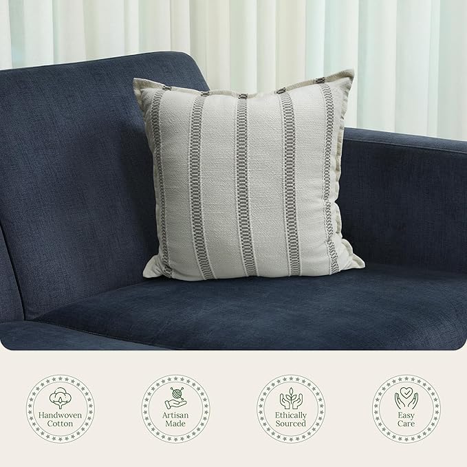 SanVia Grey Hearth Premium Cotton Throw Pillow Covers, 20 x 20 Inches, Luxurious Handwoven Couch Pillow Covers with Hidden Zipper, Elegant Home Décor, Insert Not Included