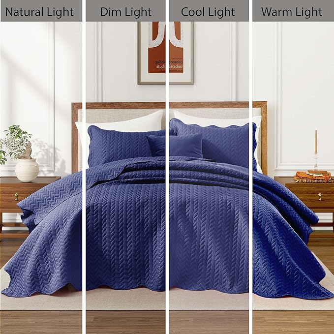 IR Imperial Rooms King Quilt Bedding Set Size (106" x 96") + 2 Pillow Shams (20" x 36"+ 2") - 3 Pcs All Season Lightweight Reversible Microfiber Coverlet Embossed Quilt Bedspread (Navy)