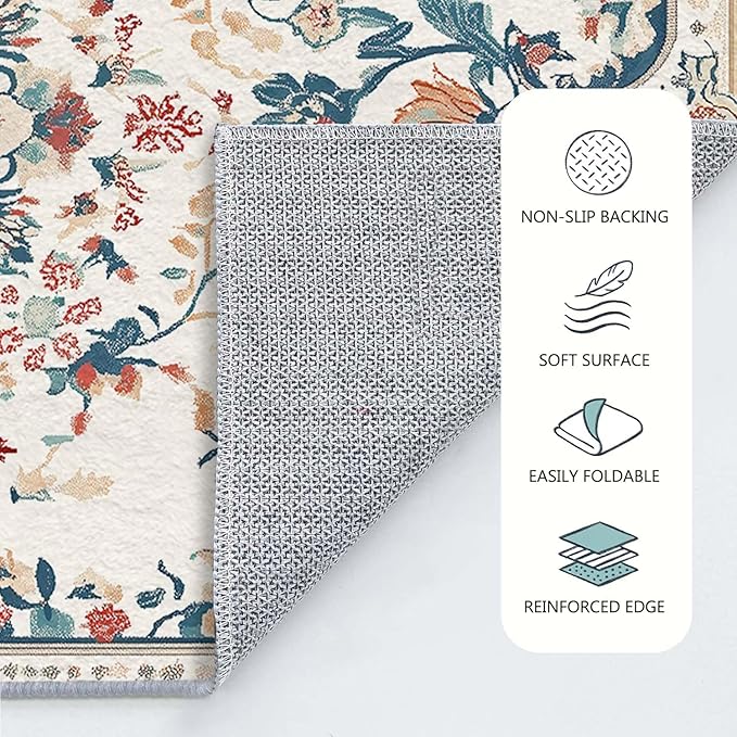 3x5 Boho Entryway Rug Beige Oriental Area Rug Indoor Entrance Non Slip Door Mat Stain Resistant Washable Machine Soft Low Pile Small Carpet Bathroom Kitchen