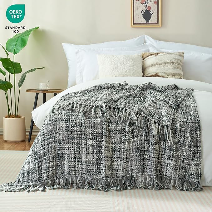 Multi-Color Grey Cable Knitted Throw Blanket for Couch,60"X80" Boho Style Textured Blankets for Home Decor,Super Soft Warm Cozy Chunky Knit Blanket with Decorative Tassels for Bed and Sofa
