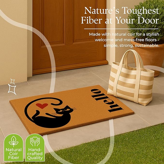 Coir Door Mats 17" X 30", Non-Slip Sturdy, PVC Backed Heavy Duty, Easy to Clean, Ideal for Door Entrance, Patio, Porch, Backyard, Garages, Love of Cats, A Hello