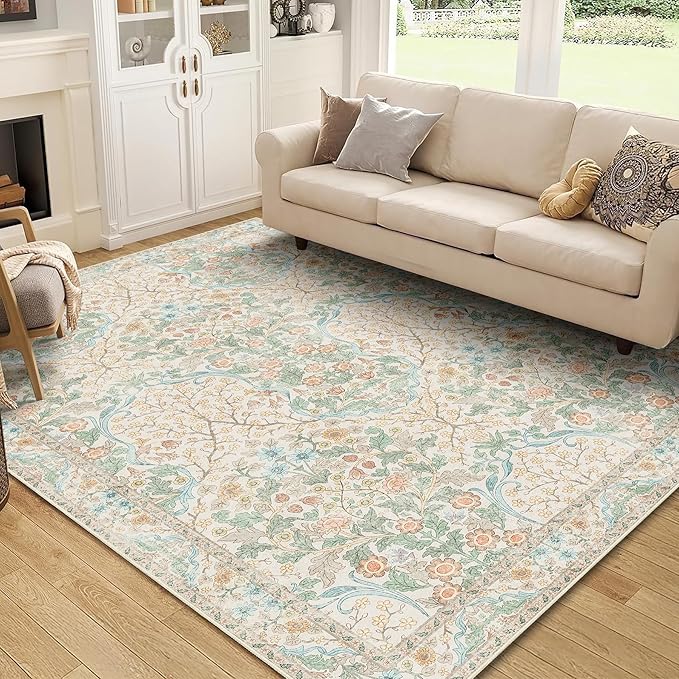 MUJOO Floral 5x7 Area Rugs,Washable Rug for Living Room Bedroom Office Dining Room,Large Throw Carpet,Boho Non Slip Indoor Floor Big Soft Neutral Vintage Ultra-Thin Light Green and Beige
