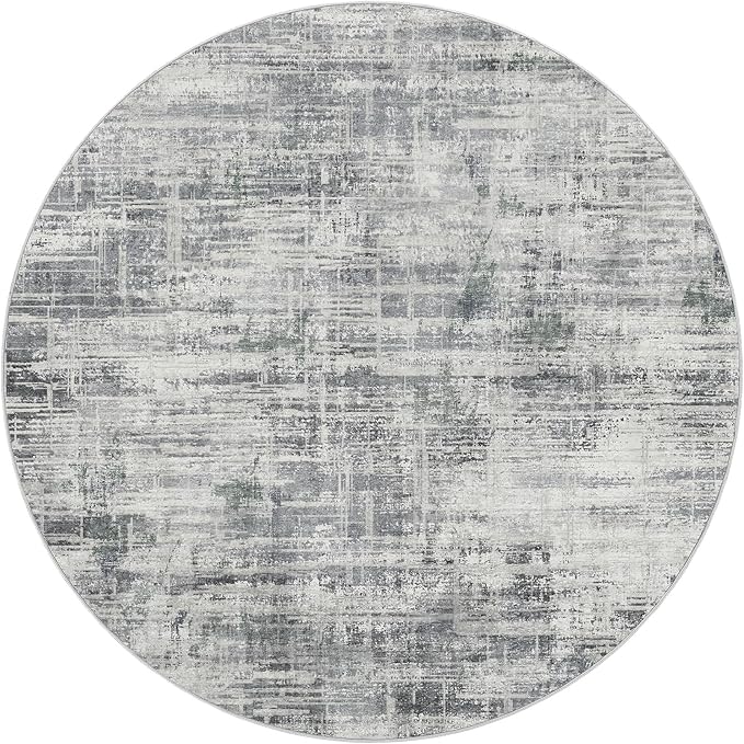 8ft Round Area Rug for Living Room: 8x8 Washable Neutral Abstract Modern Soft Rugs Non Slip Indoor Floor Stain Resistant Carpet for Bedroom Dining Room Office Nursery - Gray