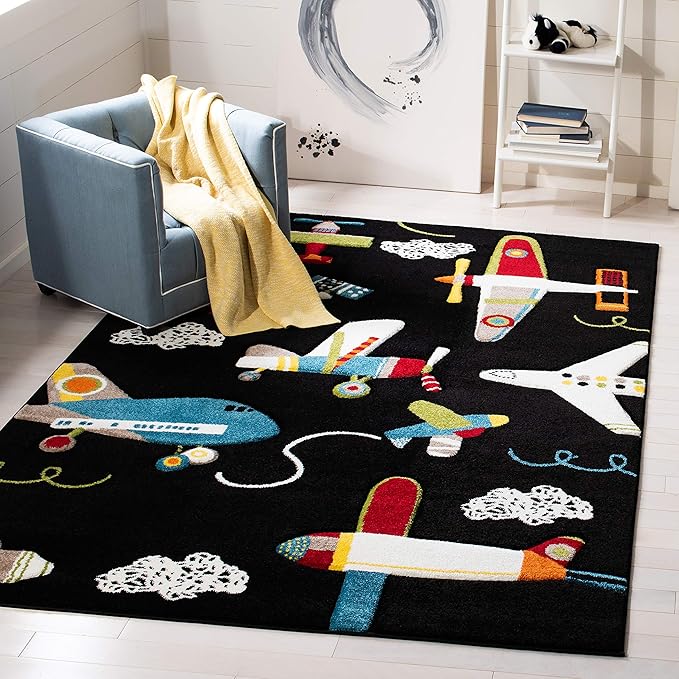 SAFAVIEH Area Rug 8x10 - Carousel Kids Collection - Large - Black & Ivory, Non-Shedding & Easy Cleaning, Ideal for Boys & Girls in Playroom, Nursery, Bedroom (CRK167Z)