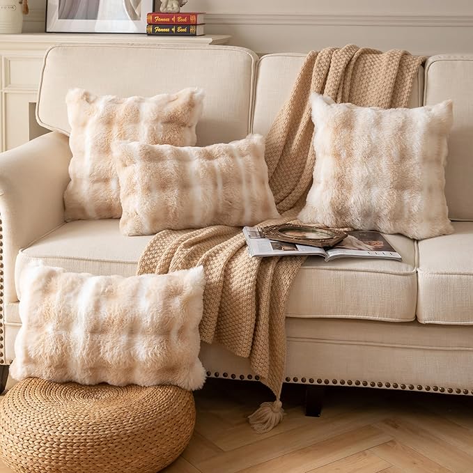 Pack of 2 Thick Plush Throw Pillow Covers Fluffy Wave Faux Fur Decorative Cushion Covers Soft Wool Pillowcase for Sofa Couch Livingroom 12x20 Inch White Beige