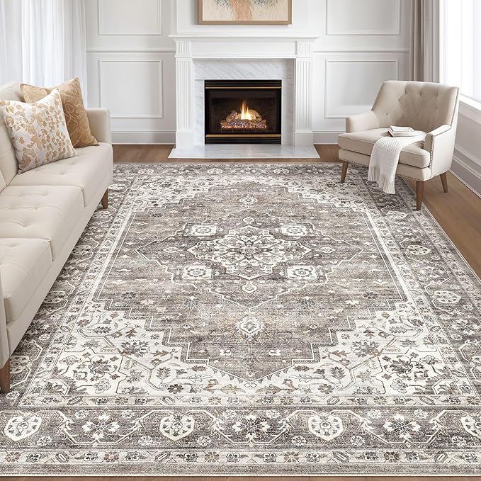 10x14 Area Rugs Living Room: Washable Boho Large Neutral Vintage Soft Rug Stain Resistant Farmhouse Non-Slip Indoor Rustic Floor Carpet for Bedroom Nursery Kids Playroom Office Dining Room- Dark Brown
