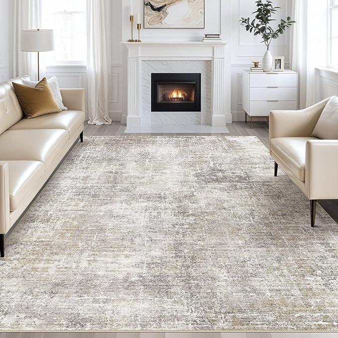 Abstract Living Room Rug 9x12 - Modern Washable Soft Thin Area Rug for Living Room Bedroom Under Dining Table - Neutral Indoor Floor Rug Carpets for Home Office Playroom Nursery - Brown Gold