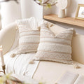 BlissBlush Decorative Throw Pillow Cover 18X18 Combo Set of 2 Square Cream Neutral White Boho Accent Pillowcase Tassels Farmhouse Cushion for Couch Sofa Bedroom Living Room Home Décor Cover ONLY
