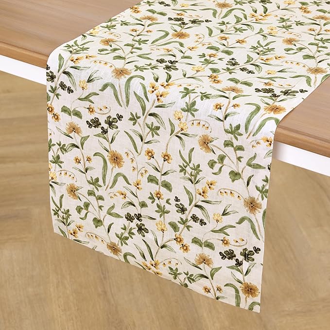 Solino Home 100% Pure Linen Table Runner 132 Inches Long - Multicolor Floral Print Table Runner 14 x 132 Inch - Handcrafted and Machine Washable - Fall Botanical Print