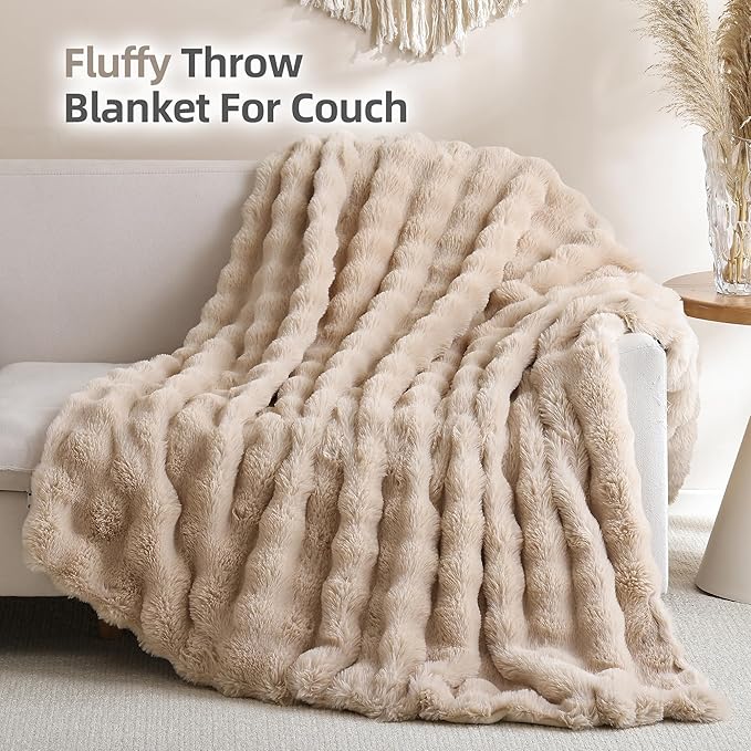 Smoofy Faux Fur Throw Blanket for Couch – Linen Fluffy Cozy Rabbit Fleece, Plush Soft Bubble Blanket for Sofa & Bed, for Mom, Warm Fuzzy Home Room Decor Throw 60" x 80"