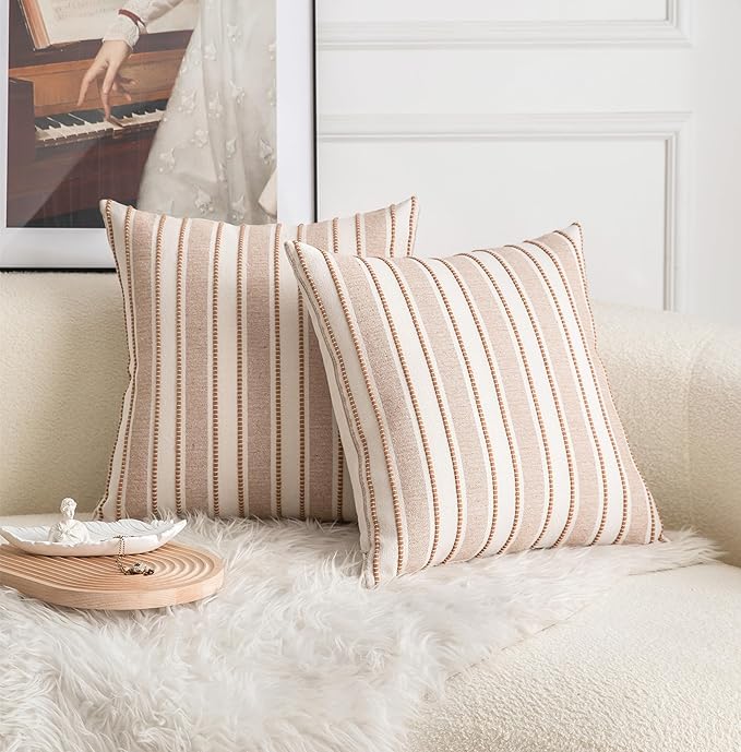 Decorative Boho Throw Pillow Covers, Farmhouse Textured Pillow Case, 18 x 18 Inch Set of 2, Chair Sofa Bedroom Living Room Home Decor Couch Cushion Case, Brown and Beige Striped