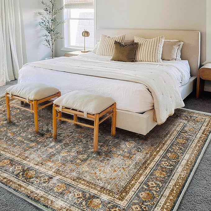 Washable Area Rug 8'x10' Retro Boho Design Non-Shedding Non-Slip Easy Care Ideal for High Traffic Areas in Living Room Bedroom Office Coffee Table Kitchen Large Carpet