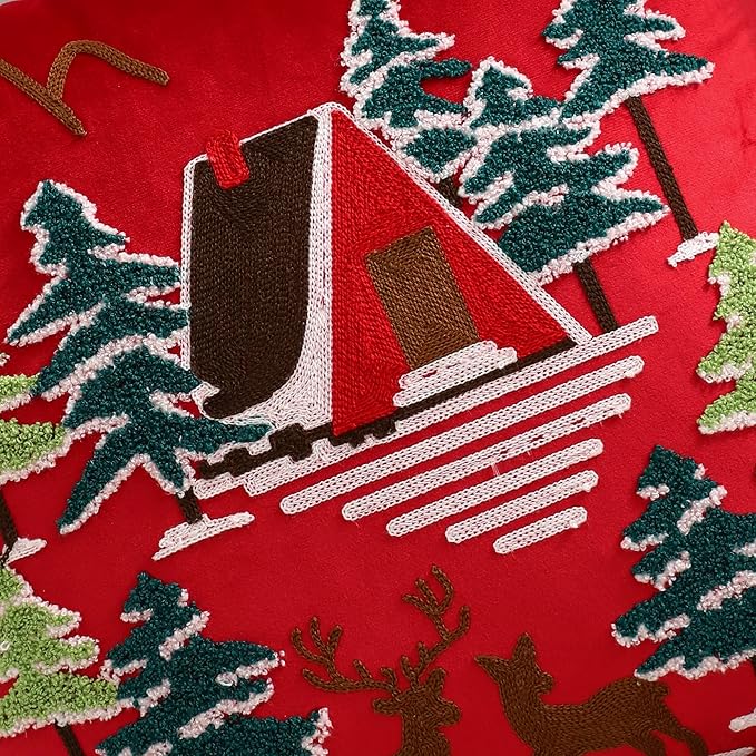 LUOYEHK Red Christmas Pillow Covers 18x18 Set of 2 House and Deer Decorative Pillow Cases Winter Holiday Velvet Embroidered Cushion Covers for Couch Sofa Bed