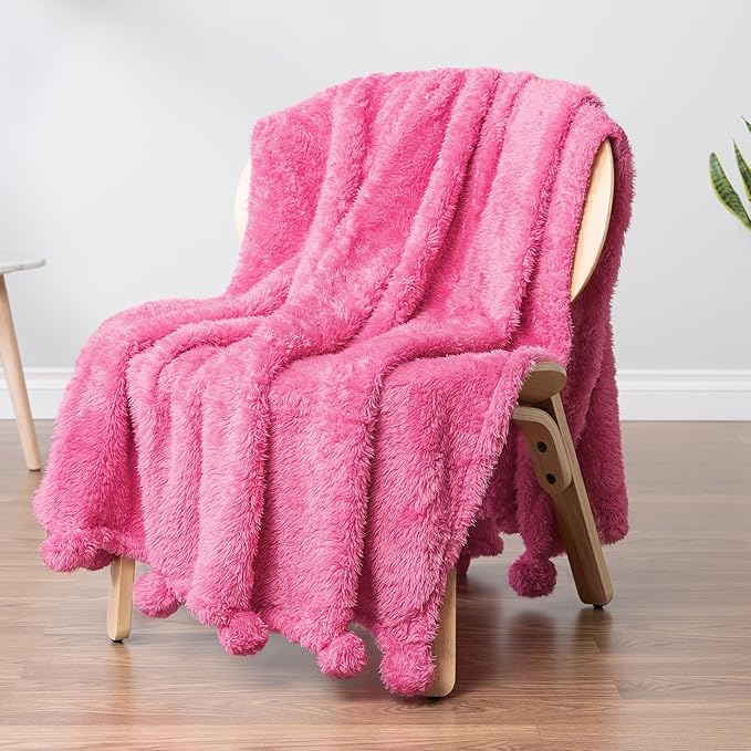 Pavilion Pink Sherpa Throw Blanket, Warm Plush Fuzzy Pom Pom Blanket for Couch, Sofa Throw, Lightweight Soft, Cozy Fluffy Blanket, Hot Pink, 50x60