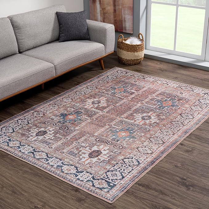 Bloom Rugs Washable 5' x 7' Rug - Brown/Blue/Orange Traditional Area Rug for Living Room, Bedroom, Dining Room, and Kitchen - Exact Size: 5' x 7'
