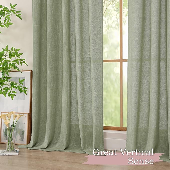 Simplebrand Sage Green Faux Linen Textured Semi Sheer Curtains 108 Inches Long 2 Panels for Living Room, Privacy Extra Long Light Filtering Farmhouse Thick Window Drapes for Large Window, 50W x 108L