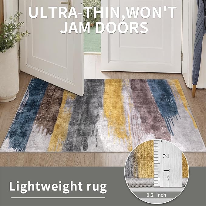 Ciicool 2'6 "x8' Washable Runner Rug, Modern Abstract Hallway Rugs Runner, Non-Slip Thin Accent Rug Lightweight Yellow Gray Distressed Carpet Runners for Laundry Entryway Bedroom Kitchen Indoor
