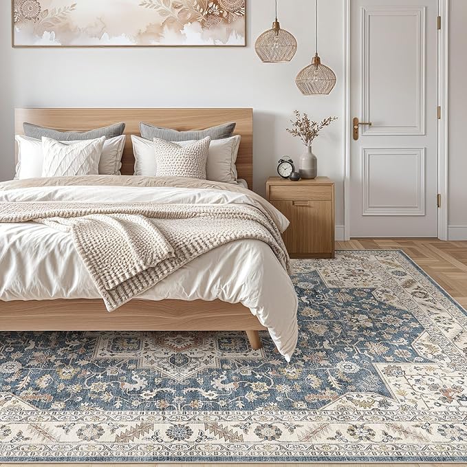 Vintage Living Room Area Rug 10x12 - Large Soft Washable Oriental Traditional Distressed Farmhouse Rugs for Bedroom - Indoor Floor Accent Carpet for Home Office House Decor - Vintage Blue