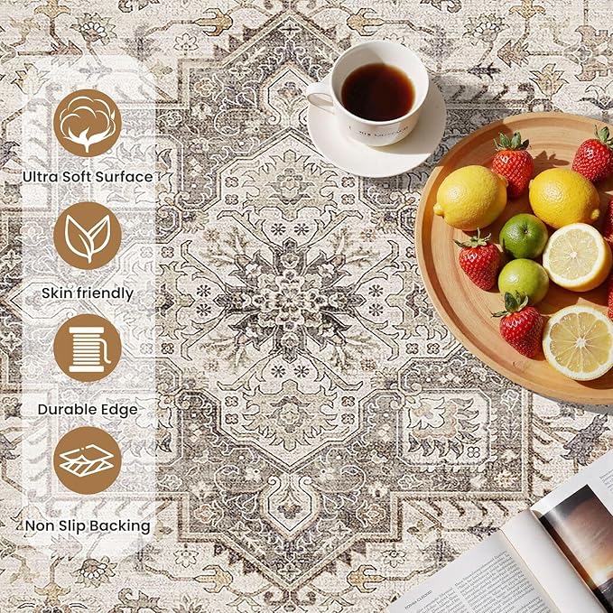 Vintage Living Room Area Rug 3x5 - Large Soft Washable Oriental Traditional Distressed Farmhouse Rugs for Bedroom - Indoor Floor Accent Carpet for Home Office House Decor - Light Brown