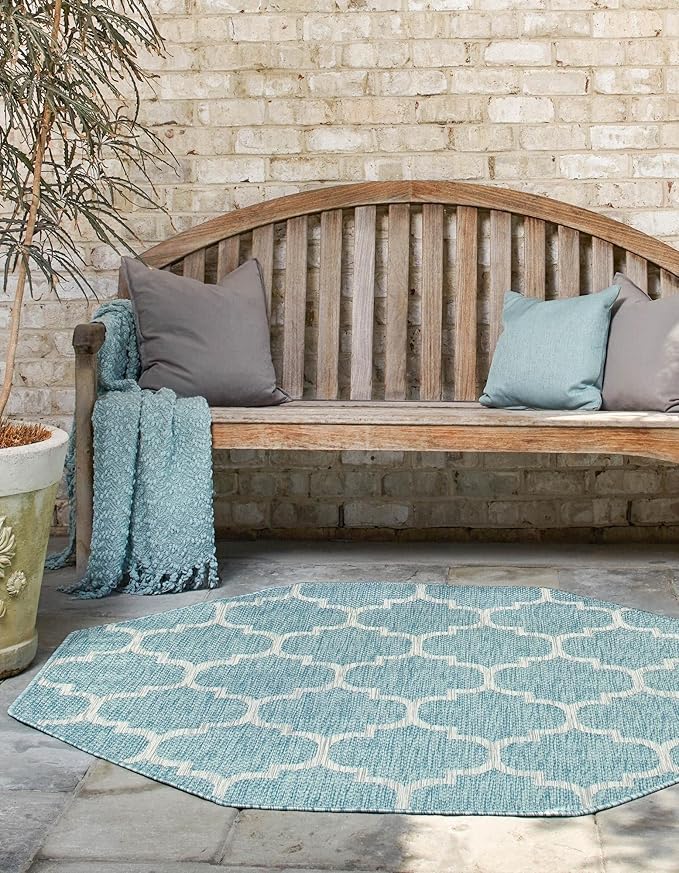 Unique Loom Outdoor Trellis Collection Area Rug - Trellis (Octagon 5' 0" x 5' 0", Aquamarine/ Gray)