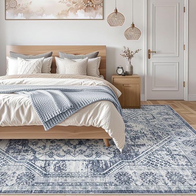 Vintage Living Room Area Rug 8x10 - Large Soft Washable Oriental Traditional Distressed Farmhouse Rugs for Bedroom - Indoor Floor Accent Carpet for Home Office House Decor - Distressed Blue