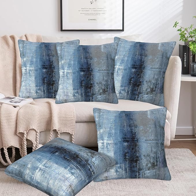 Throw Pillow Cover Case Blue and Grey Abstract Art Pillow Covers 16x16 Inch Set of 2,Soft Decorative Throw Pillow Case for Living Room Bedroom Sofa Couch Cushion Covers