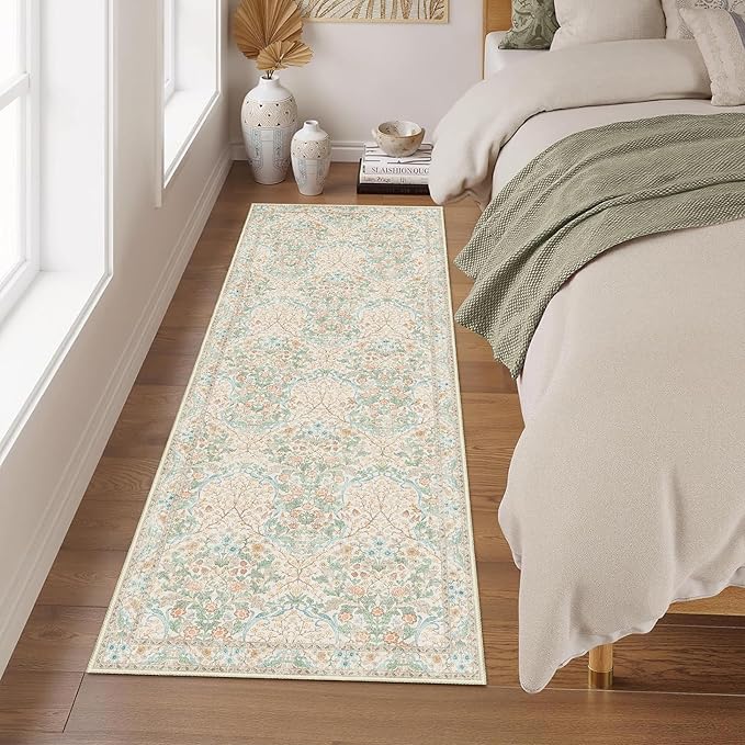 MUJOO Washable Runner Rug,Floral 2x6 Runners for Hallway Kitchen Bedroom Bedside Bathroom Laundry Room,Long Non Slip Throw Carpet Boho Indoor Neutral Vintage Ultra-Thin Light Green and Beige