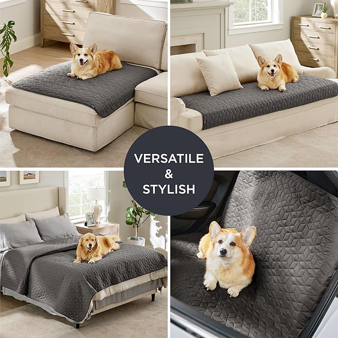 Bedsure 100% Waterproof Bed Cover for Dogs Washable - Non Slip Waterproof Dog Blanket for Bed, Lightweight Furniture Protector Durable for Pet Puppy with Non-Slip Bottom, Dark Grey, 82x82IN