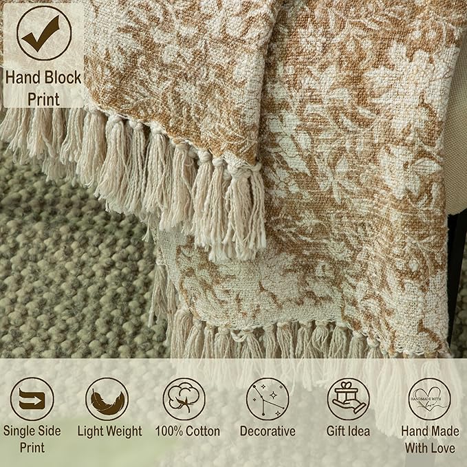 100% Pure Cotton Handblock Printed Throw Blanket, Soft 50" x 60" Fringed Floral Print Throw for Couch, Sofa, Chair, Bed - Cozy, Machine Washable, Comfortable Home Decor