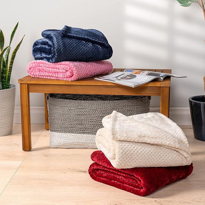 PAVILIA Navy Blue Throw Blanket for Couch, Twin Bed, Soft Fleece Throws for Sofa Chair, Fuzzy Waffle Textured Blanket, Cozy Warm Lightweight All Season Blanket Throw, 60x80