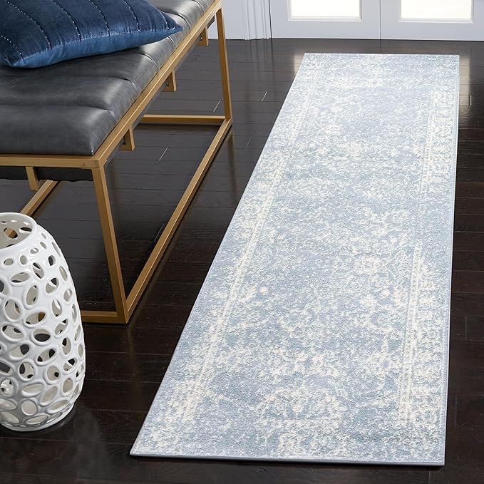 SAFAVIEH Adirondack Collection Runner Rug - 2'6" x 16', Slate & Ivory, Distressed Vintage Floral Design, Non-Shedding & Easy to Clean, Ideal for Hallway, Foyer, Entryway, Bedroom (ADR109T)