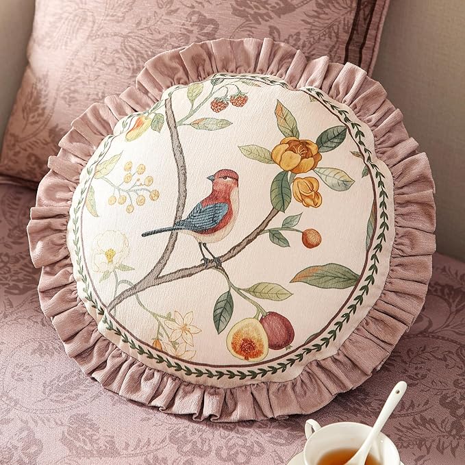Round Pink Farmhouse Throw Pillow Covers Pack of 2,Birds and Flowers Pattern Cozy Velvet Pillowcases,Decoration Pillows Cushion Covers for Couch Sofa Bed Car Chair,Diameter 16"