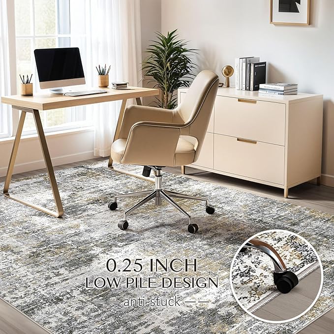 Abstract Living Room Rug 9x12 - Modern Washable Soft Thin Area Rug for Living Room Bedroom Under Dining Table - Neutral Indoor Floor Rug Carpets for Home Office Playroom Nursery - Black Gold