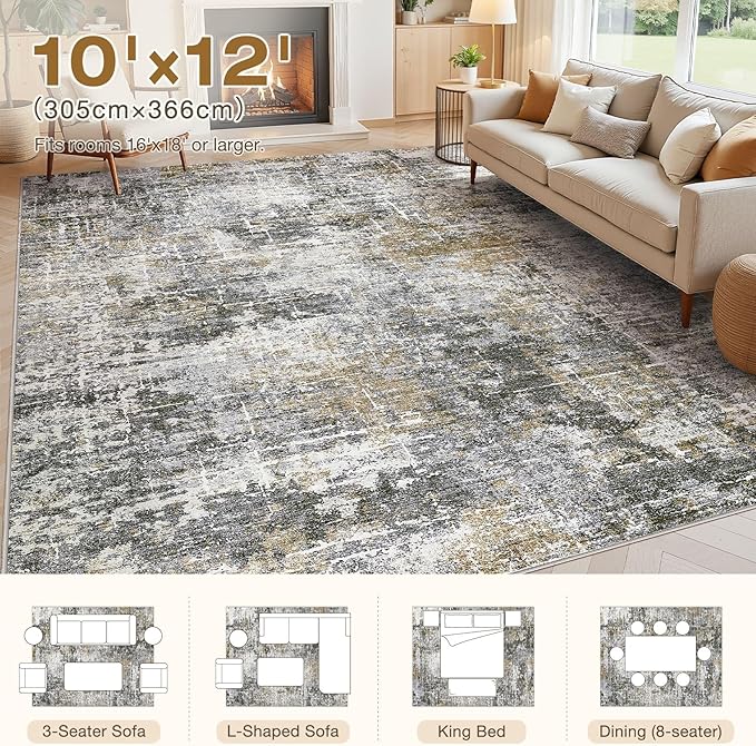 Abstract Living Room Rug 10x12 - Modern Washable Soft Thin Area Rug for Living Room Bedroom Under Dining Table - Neutral Indoor Floor Rug Carpets for Home Office Playroom Nursery - Black Gold