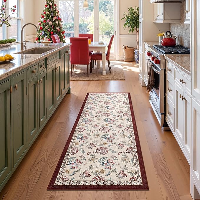 jinchan Elora 3x8 Floral Runner Rug for Hallway Washable Runner Vintage Romance Christmas Design Non Slip Thin Indoor Floor Cover Low-Profile Throw Carpet for Entryway Bathroom Bedroom, Red/Beige