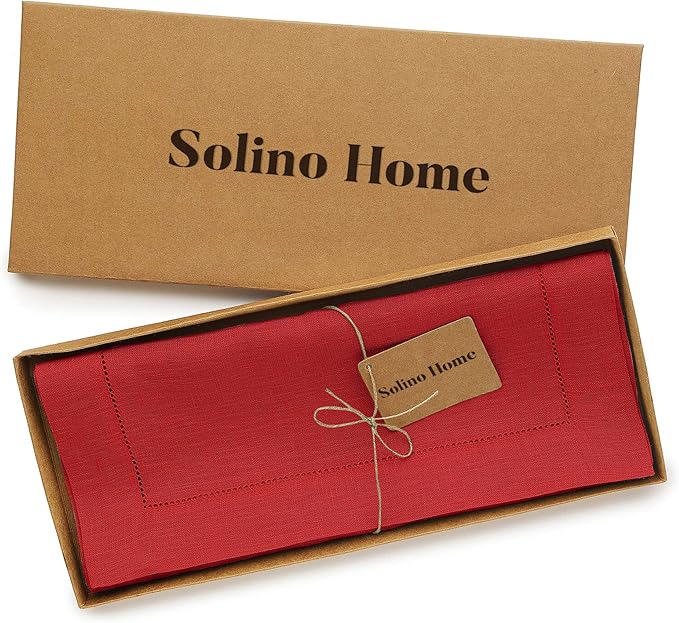 Solino Home Linen Red Table Runner 36 Inches - Classic Hemstitch, 100% Pure Linen Coffee Table Runner 14 x 36 Inch Ideal for Dresser Tables - Christmas, Holiday, Winter, New Year