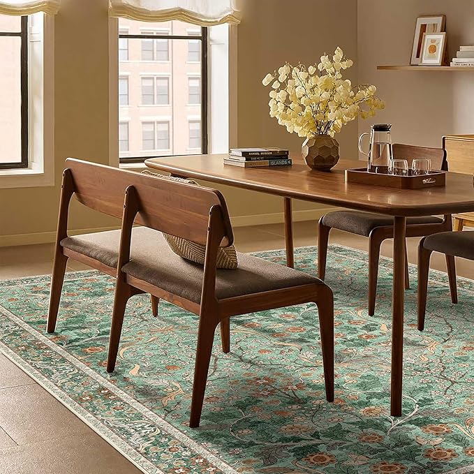 MUJOO Green 5x7 Area Rugs,Floral Washable Rug for Living Room Bedroom Office Dining Room,Large Throw Carpet,Boho Non Slip Indoor Floor Big Soft Botanical Vintage Ultra-Thin