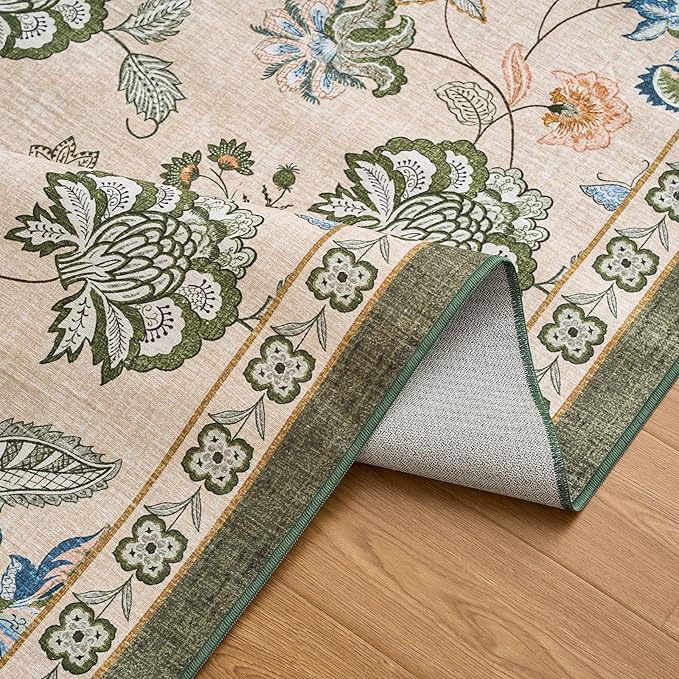 jinchan Elora Floral Corner Rug for Washable Nursery Rug Vintage Romance Christmas Design Non Slip Quarter Circle Lightweight Low-Pile Throw Carpet for Playroom Nook Office, 5ft Radius, Green/Beige