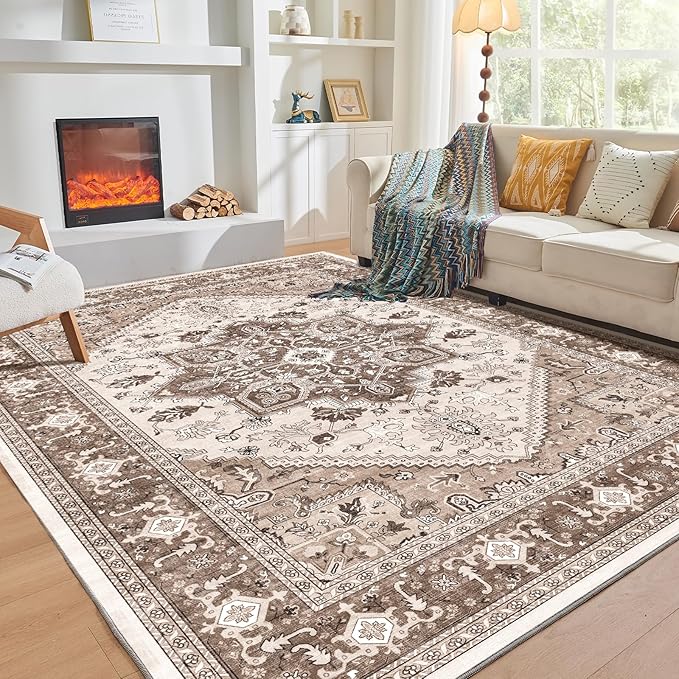 OPPODREAM Thin Area Rugs 9x12 Living Room, Washable Rugs 9x12 with Non Slip Backing, Faux Cashmere Low-Pile 9 x 12 Carpet, Khaki