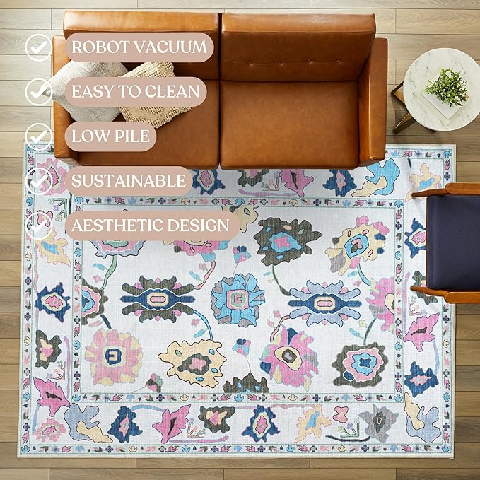 Fame Living Colorful Oushak Rug, Modern, Vintage, Turkish, Eclectic, Floral, Pastel, Washable, Large Area Rugs for Living Room, Dining, Bedroom, Girls, Boys, 7'5"x9'8"