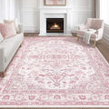 Pink Rugs for Bedroom Girls: 8x10 Washable Boho Large Neutral Cute Soft Area Rug Stain Resistant Floral Farmhouse Non Slip Indoor Floor Carpet for Living Room Nursery Kids Playroom Preppy Room Dorm