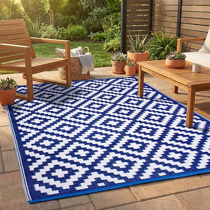FH Home Outdoor Rug - Waterproof, Fade Resistant, Reversible - Premium Recycled Plastic - Geometric - Large Patio, Deck, Sunroom, Camping, RV - Aztec - Blue & White Crease Free - 6 x 9 ft