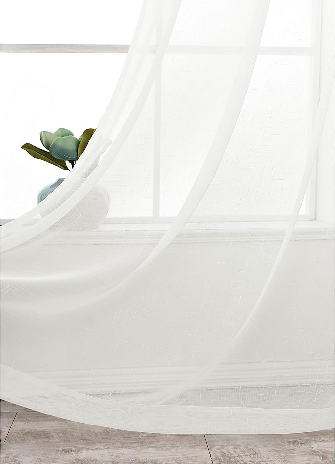 Sheer Curtains Faux Linen Semi Voile Light Filtering Drapes Pair for Bedroom Living Room, Set of 2 Grommet Top Window Curtain Panels (Each 54x108 Inch, Off White)