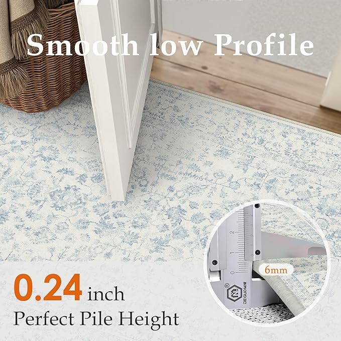 2x8 Blue Runner Rug Hallway Non Slip Kitchen Vintage Distressed Long Carpet Indoor Machine Washable Retro Floral Bedroom Accent Throw Rug for Office Laundry Bathroom Dining Living Room