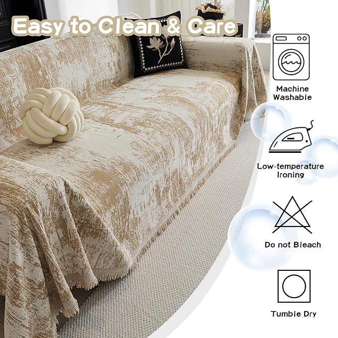 MEETSKY Boho Couch Cover for 2 Cushion Couch Sofa, Chenille Sofa Cover for Sectional Sofa, Modern Khaki Abstract Jacquard Sofa Covers Washable Sofa Slipcover for Pets Friendly, 91" X118", Khaki