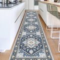OPPODREAM Thin Entryway Rug 2x12, 2x12 Rug Runner, Washable Hallways Carpet 2 x 12 with Non Slip Backing, Low-Pile Bedside Carpet 2 x 12, Long, Faux Cashmere, Navy Blue & Gold