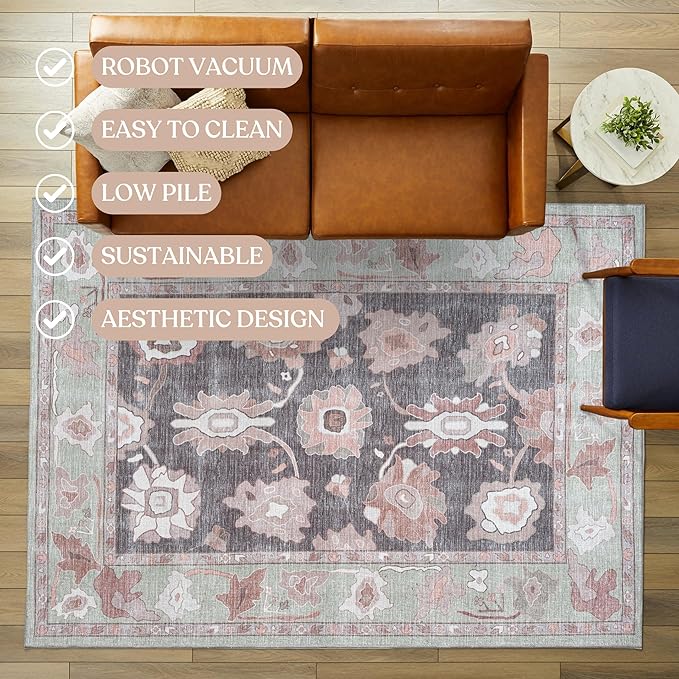 Fame Living Green Oushak Rug, Modern, Vintage, Turkish, Eclectic, Floral, Pastel, Washable, Area Rugs for Living Room, Dining, Bedroom, Nursery, Girls, Boys, 5'9"x8'9"